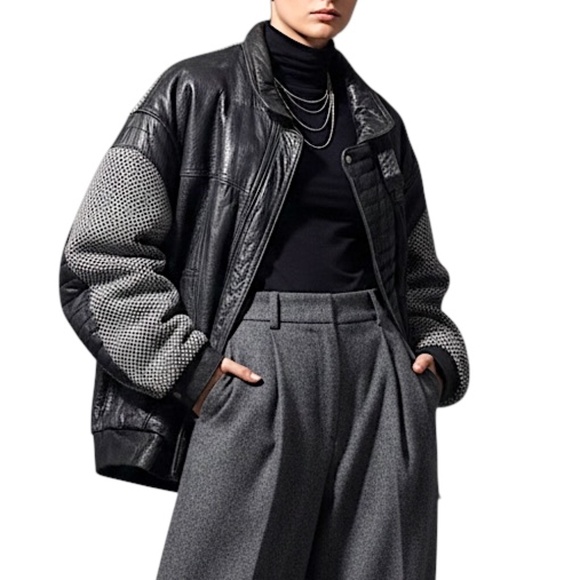 Vtg 80s 90s Perino Ponti Italy black leather black white tweed oversized bomber - Picture 1 of 16